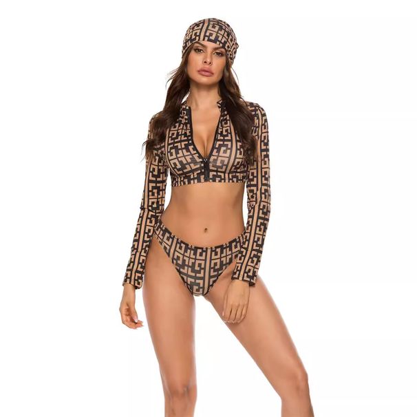Women's Clothing Outdoor Sports Print Bikini Two Piece Swimsuit Long Sleeved Zipper Surfing Sexy Three Piece Set_ecoleips.com