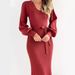 Women's Clothing Elegant Winter Knit Dress With Deep V-Neck & 3D Pattern - Slim Fit Long Sleeve High Waist Dress For Women (Deep Red/Bright Pink)_ecoleips.com
