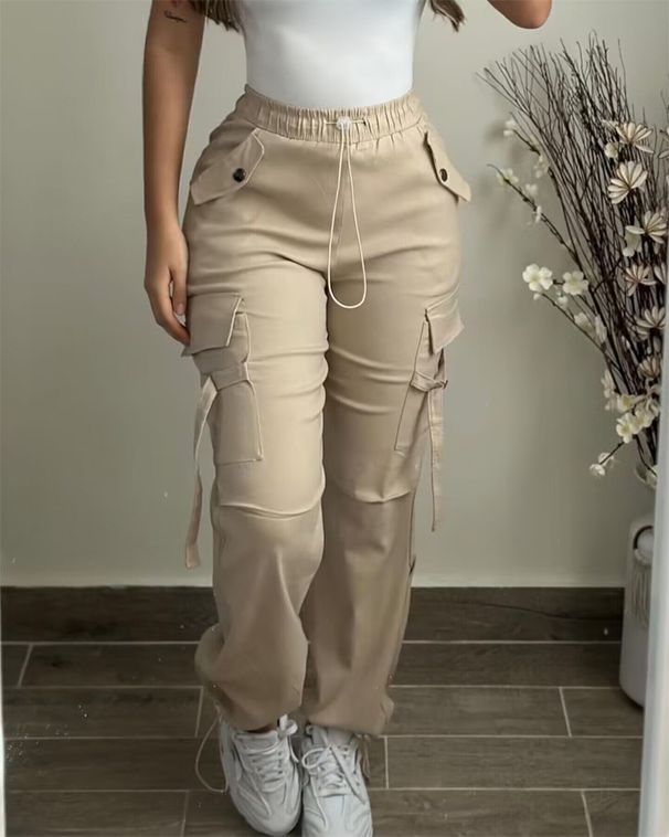 Women's Clothing Fashion Multi Pocket Monochrome Elastic Waist Tie Rope Leisure Elastic Waist Work_ecoleips.com