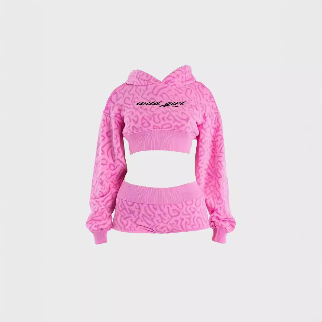 Pink Leopard Print Hoodie American Style Trendy Sexy Retro Cropped Sweatshirt for Women_ecoleips.com