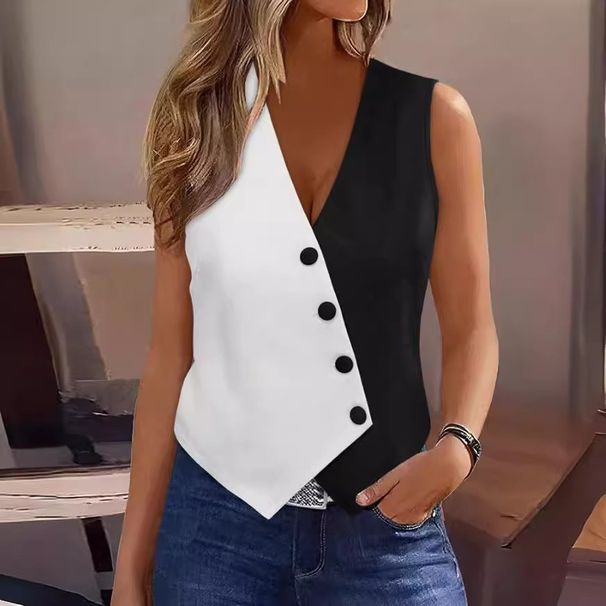 Women's Clothing women's spring and summer black and white contrast cross V neck short suit waistcoat vest_ecoleips.com