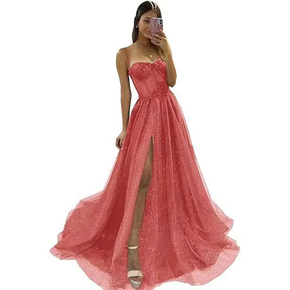 Elegant Slit Long Evening Dress With Spaghetti Straps For Banquet, Party & Hosting – A-Line Silhouette, Polyester Chiffon, Plus Size Available_ecoleips.com