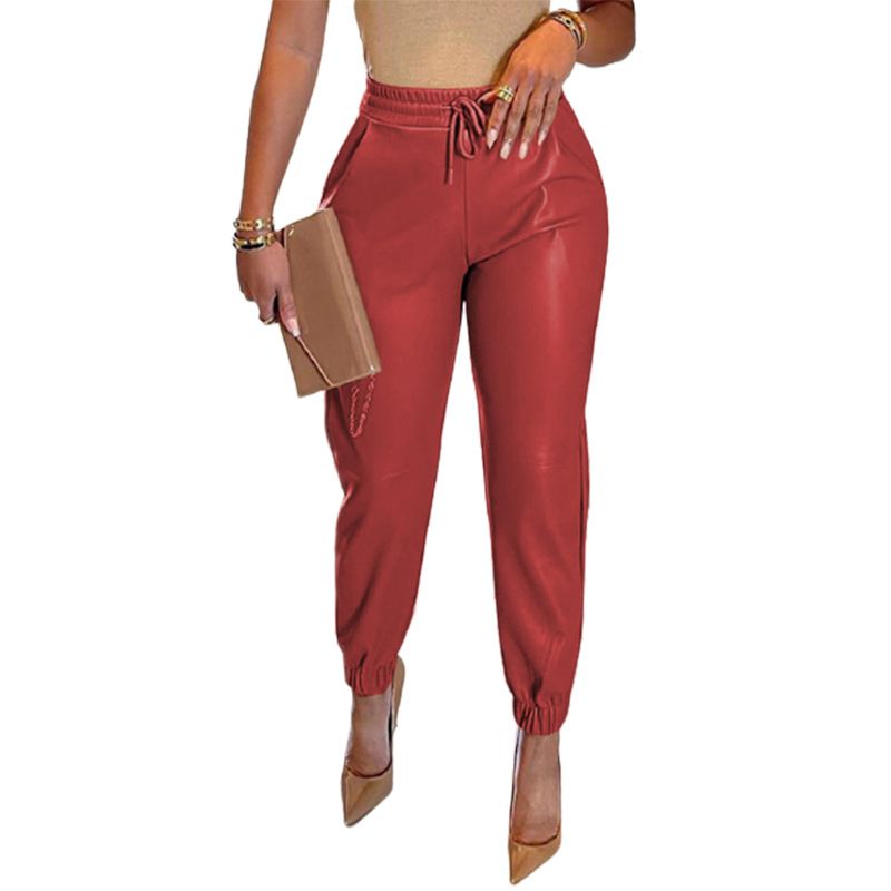 Women's Pu Leather Casual Pants With Drawstring Waist & Side Pockets - Slim Fit High Waist Wide Leg Trousers In Black, Khaki, Red, Blue (S-xxxl)_ecoleips.com