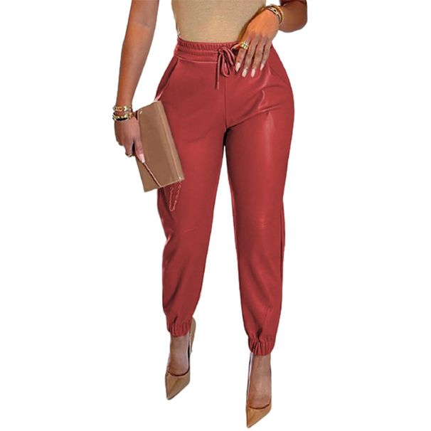 Women's Pu Leather Casual Pants With Drawstring Waist & Side Pockets - Slim Fit High Waist Wide Leg Trousers In Black, Khaki, Red, Blue (S-xxxl)_ecoleips.com