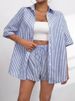 K Women's New Fashionable Collar Striped Short Sleeved Shorts Casual Two-piece Set. No Inner Lining_ecoleips.com