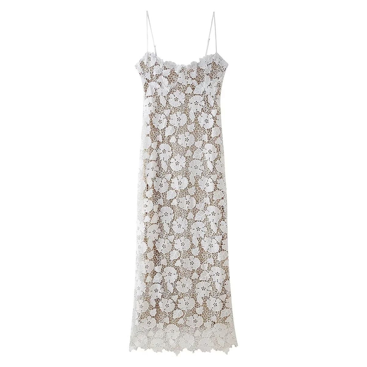 Elegant Lace Mesh Slip Maxi Dress - Sheer Layered Design, High-Low Hem, Polyester Stretch (S/M/L, White)_ecoleips.com