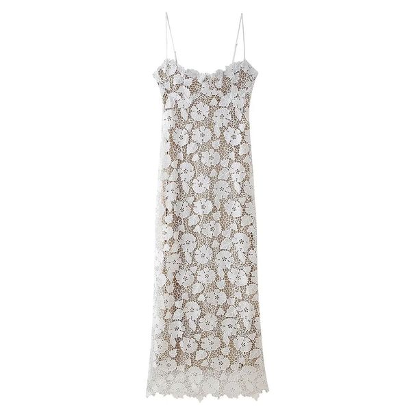 Elegant Lace Mesh Slip Maxi Dress - Sheer Layered Design, High-Low Hem, Polyester Stretch (S/M/L, White)_ecoleips.com