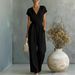 Elegant V-Neck Jumpsuit With Button Front And Adjustable Waist Tie, Solid Color One-Piece Outfit For Women, Chic Lounge To Street Wear_ecoleips.com