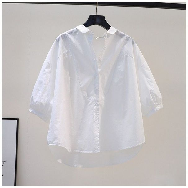 Women's Clothing Literary Style Light Blue Cotton Shirt Women's 7 Point Sleeve Casual Shirt Summer Versatile Temperament Top_ecoleips.com