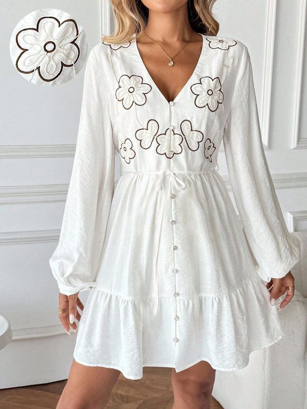 Women's Clothing Casual V Neck Dress Two Tone Embroidered Puff Sleeve Waist Cinching_ecoleips.com