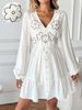 Women's Clothing Casual V Neck Dress Two Tone Embroidered Puff Sleeve Waist Cinching_ecoleips.com
