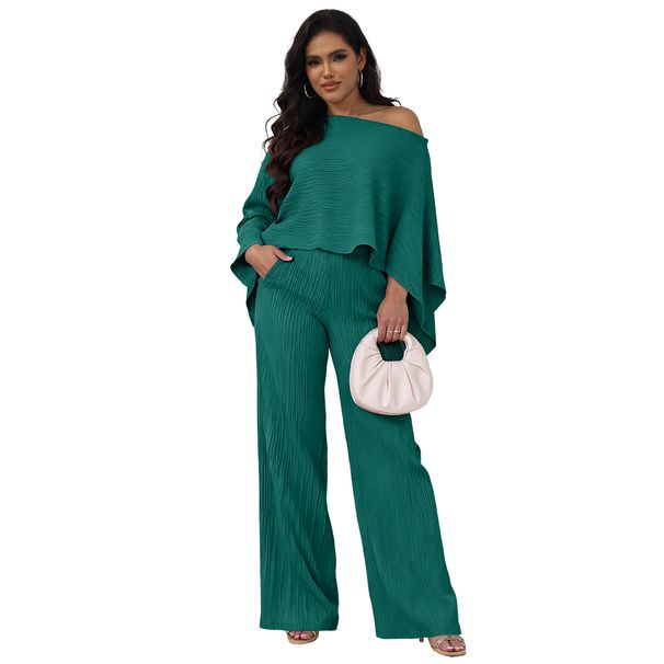 Women's Elastic Pleated Batwing Sleeve One Piece Wide Leg Pants Set with Pocket European American Style Clothing_ecoleips.com