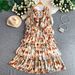 Women's French Romantic Style Floral Print Dress round Neck Long Sleeve Slimming Elegant Fairy Chiffon Summer Cake Long Dress_ecoleips.com