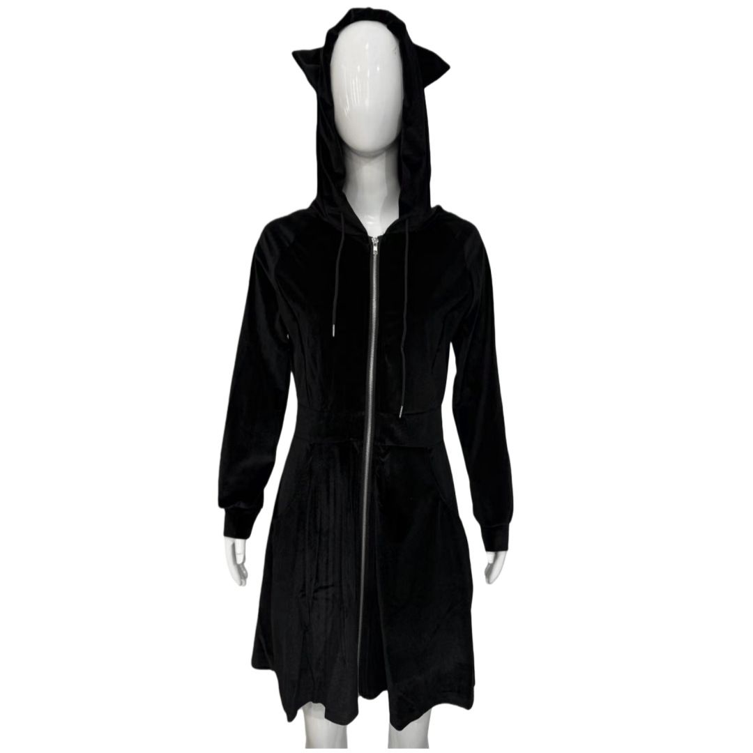 Women's Gothic Velvet Hooded Long Sleeve Panel Bodycon Maxi Dress – Plus Size Cat Ear Evening Gown_ecoleips.com