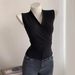 Korean Style Women's Vest Crossover V Neck Asymmetrical Sleeveless Knitted Short Top for Mature Sophisticated Fashion_ecoleips.com
