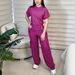 Women's Summer Casual Short Sleeve T-Shirt With Elastic Waist Multi-Pocket Cargo Pants Set, Solid Color Two-Piece Outfit_ecoleips.com