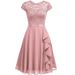 Half High Collar Short Sleeved Lace Lace Midi Skirt Chiffon Splicing Elastic Belt Dress_ecoleips.com