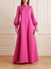 Freeacy Women's Fuchsia Stand Collar Maxi Dress Long Puff Sleeves A-line Pleated Evening Dress Autumn Elegant Party Gown_ecoleips.com