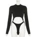 Women's Black Strappy Cutout Jumpsuit round Neck Slim Fit Cropped Long Sleeves Trendy Sexy T-Shirt Wholesale_ecoleips.com