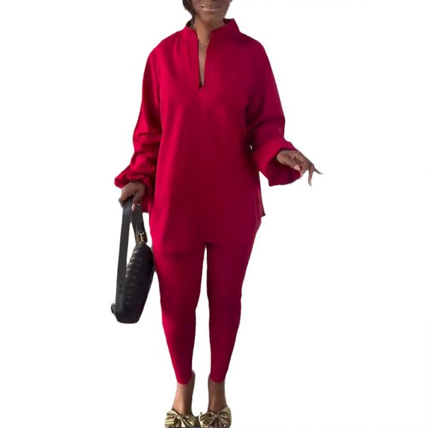Women’s Clothing V neck lantern sleeves bottom slit shirt and trousers two piece set_ecoleips.com