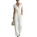 Elegant V-Neck Jumpsuit With Button Front And Adjustable Waist Tie, Solid Color One-Piece Outfit For Women, Chic Lounge To Street Wear_ecoleips.com