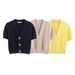 Women's Knit Cardigan With Star Shaped Buttons, V-Neck Short Sleeve Lightweight Cover-Up, Yellow Khaki Navy_ecoleips.com