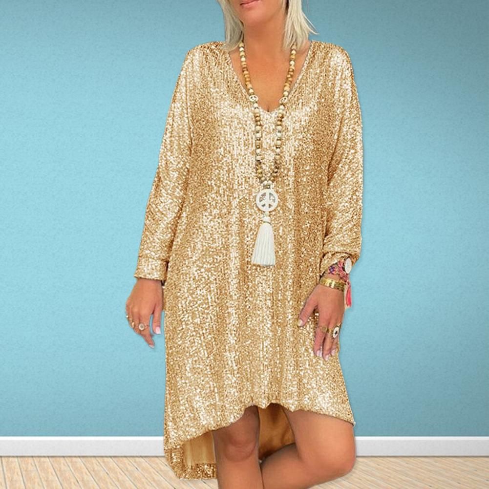 Summer Short Sleeve V Neck Long Dress Solid Color Sequin Loose Pullover Casual City Style Blouse Dress For Women_ecoleips.com