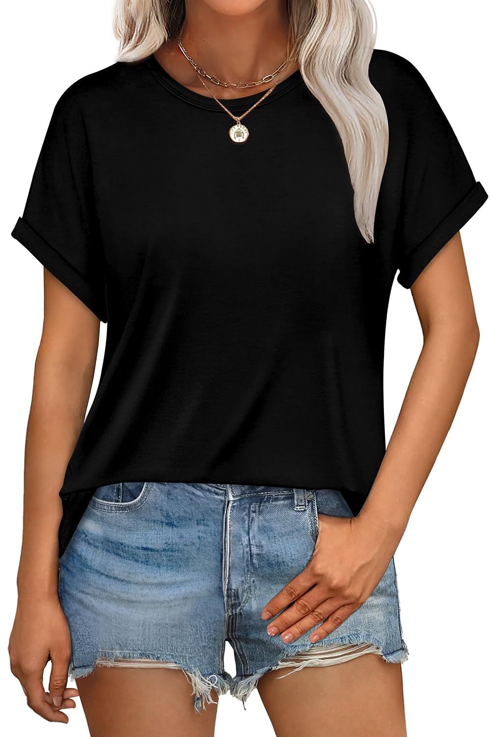 WEESO Womens T Shirts Crew Neck Rolled Short Sleeve Basic Summer Tops 2026 Casual Tees Curved Hem_ecoleips.com