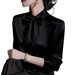 Summer Elegant Bow Tie Collar Long Sleeved Shirt for Women Versatile Stylish Blouse Regular Fit Polyester England Style Fashion_ecoleips.com