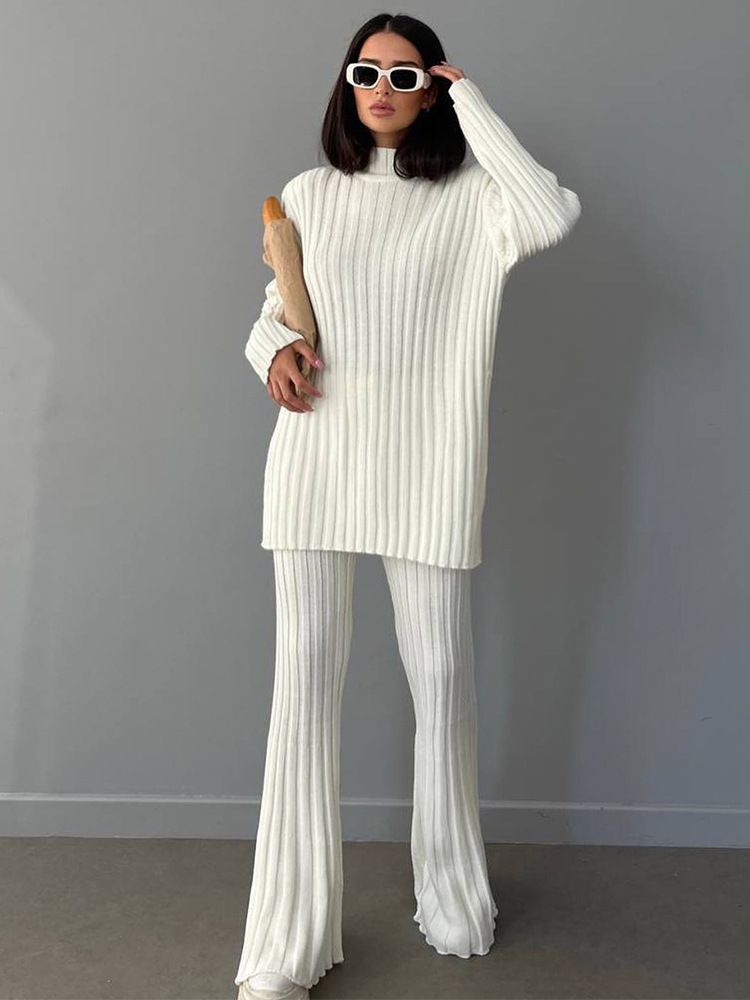 Ribbed High-Neck Knit Set – Long Sleeve Turtleneck & Wide-Leg Pants, Cozy Winter Two-Piece Outfit (Black/White/Rose) – Trendy Matching Loungewear_ecoleips.com