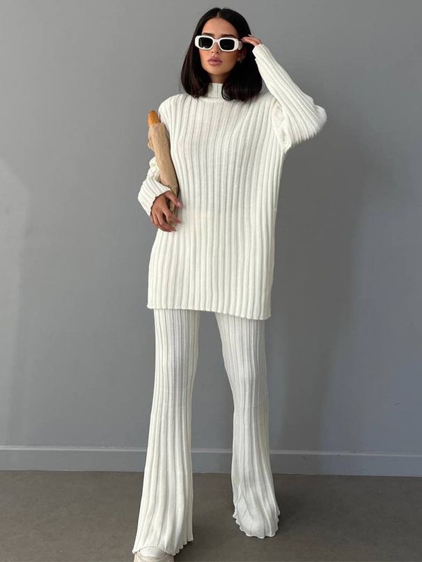 Ribbed High-Neck Knit Set – Long Sleeve Turtleneck & Wide-Leg Pants, Cozy Winter Two-Piece Outfit (Black/White/Rose) – Trendy Matching Loungewear_ecoleips.com