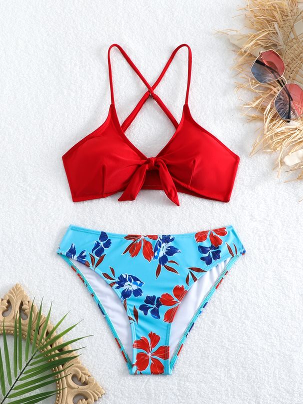 Women's Clothing V Neck Backless Two Piece Bikini High Waisted Swimsuit Knotted Printed Design For Formal & Casual For Women_ecoleips.com