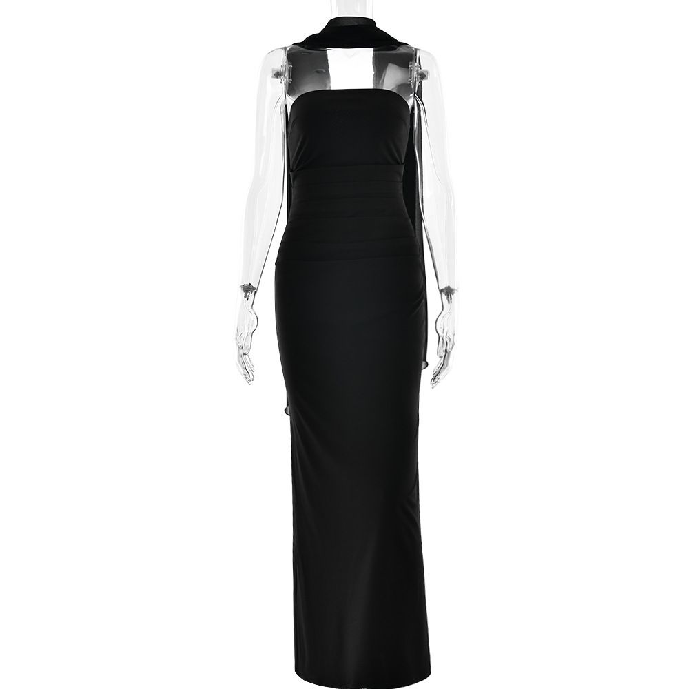 Spring New Strapless And Waist Cinched Women's Long Skirt Elegant Ribbon Backless Sexy Hip Hugging Dress_ecoleips.com