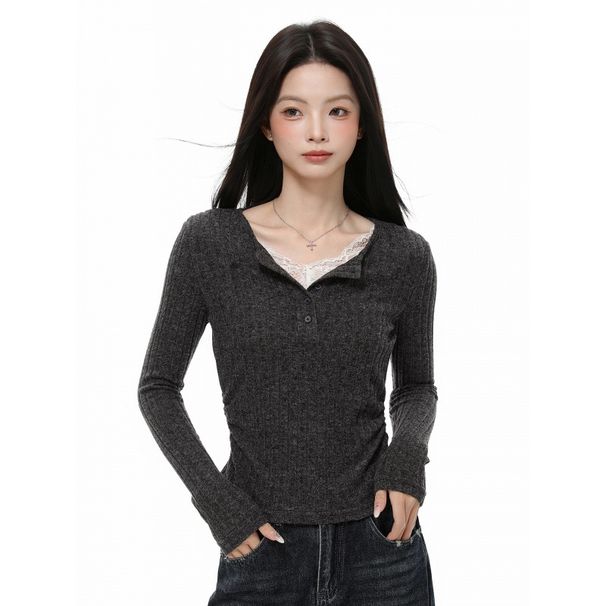 2026 Spring Korean-Style Gray Striped And Fur-Lined Lace-Embroidered Button-Design Long-Sleeve Top For Layered Outfits_ecoleips.com