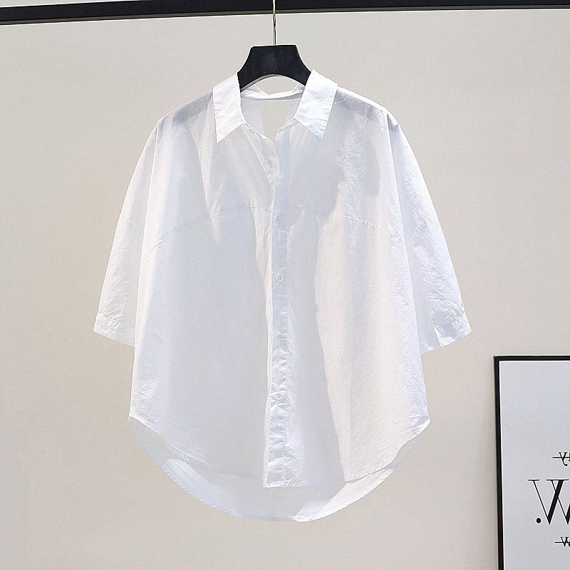 "Women's Stylish Loose-Fit Short Sleeve Blouse Inspired Wrinkle Design, Polo Collar, Casual & Comfortable, Summer Fashion (White, Light Blue)"_ecoleips.com