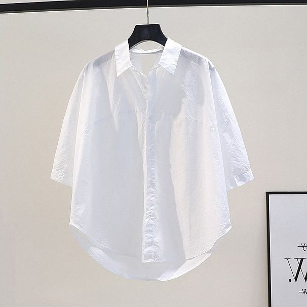 "Women's Stylish Loose-Fit Short Sleeve Blouse Inspired Wrinkle Design, Polo Collar, Casual & Comfortable, Summer Fashion (White, Light Blue)"_ecoleips.com