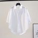 "Women's Stylish Loose-Fit Short Sleeve Blouse Inspired Wrinkle Design, Polo Collar, Casual & Comfortable, Summer Fashion (White, Light Blue)"_ecoleips.com
