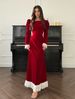 Winter Elegant Lace Trim Dress – Slimming High Waist A-Line Maxi Dress, Long Sleeve Polyester Blend Dress (Black, Red, Coffee)_ecoleips.com