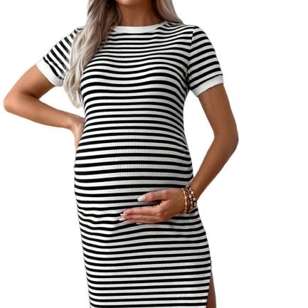 Women's Clothing New Autumn Striped Casual Comfortable Round Neck Elastic Fashionable Hot Mom Slit Maternity Dress_ecoleips.com