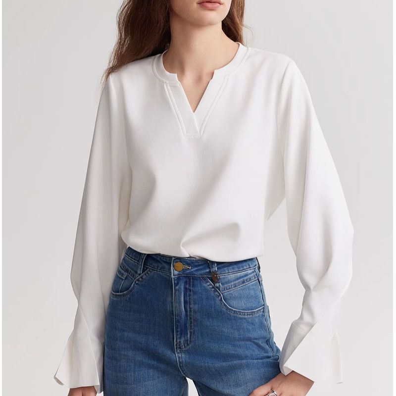 White High-end Bell-sleeve V-neck Sweatshirt For Women, 2024 Autumn New Style, Loose And Simple, Elegant Top_ecoleips.com