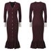Women's Clothing Elegant V-Neck Long Sleeve Knitted Dress - Slimming Fishtail Hem In Pink, Burgundy, Black & Green_ecoleips.com