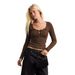New European American Cross-border Product: U-neck Ribbed Knit With Bow And Hollow-out Long Sleeves, Trendy Slim-fit_ecoleips.com