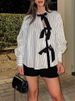 K Uniquely Designed Lace Up Printed Striped Shirt For Women, Featuring A New Style Of Lapel, Long Sleeved Cardigan, And Versatile Top_ecoleips.com