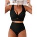 Women's European American Style Textured Bikini Set Front Knotted Top High Waisted Swimsuit Sexy Simple Style For Spring/Autumn Summer_ecoleips.com