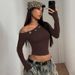Stretchy Off-Shoulder Long Sleeve Crop Top Milk Silk Tee Grommet Detail Black Brown S to L_ecoleips.com