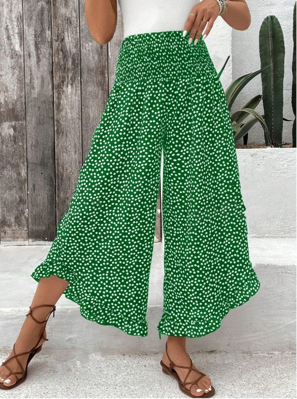 Flowy High-Waisted Wide Leg Pants With Dots - Tied Waist For A Flattering Silhouette, Comfortable & Breathable (Navy, Royal Blue, Black, Green)_ecoleips.com