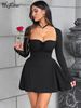 Hugcitar Autumn Elegant Solid Long Sleeve Bow Sexy Slim Pleated Mini Prom Dress Women New Y2K Outfits Birthday Party Vacation_ecoleips.com