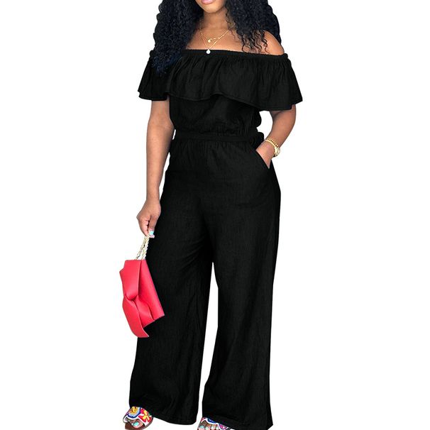 Chic Denim-Look Jumpsuit For Plus Size Women, Open-Back Romper With Shawl Collar, Stretch Comfort In Sizes 1XL To 5XL, Casual Boho Outfit_ecoleips.com