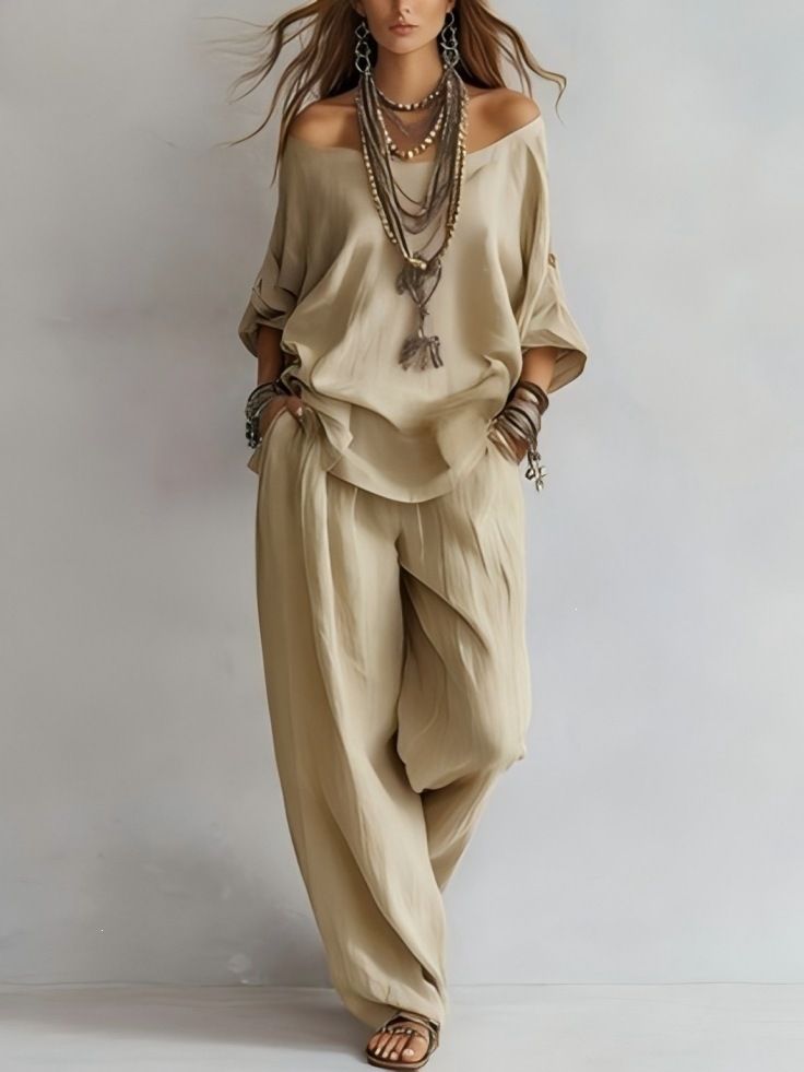 Women's Oversized Off-Shoulder Top And Wide-Leg Pants Set Comfortable Knitted Loungewear Two-Piece Casual Minimalist Style Daily Wear_ecoleips.com