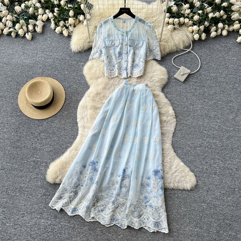Women's French Style Printed Two Piece Set Short Sleeved Embroidered Summer Casual Slimming Waist Cinching Youthful_ecoleips.com